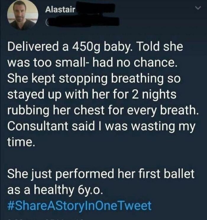 Screenshot of tweet about nurse saving small baby told no chance showing inspirational wholesome story