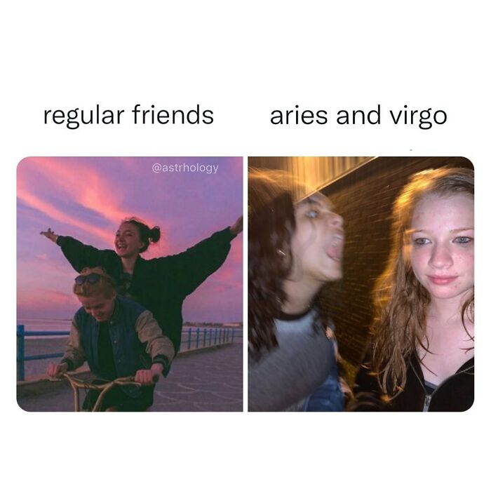 A relatable astrology meme contrasting cheerful friends against a wild Aries and calm Virgo duo, highlighting funny zodiac moments.