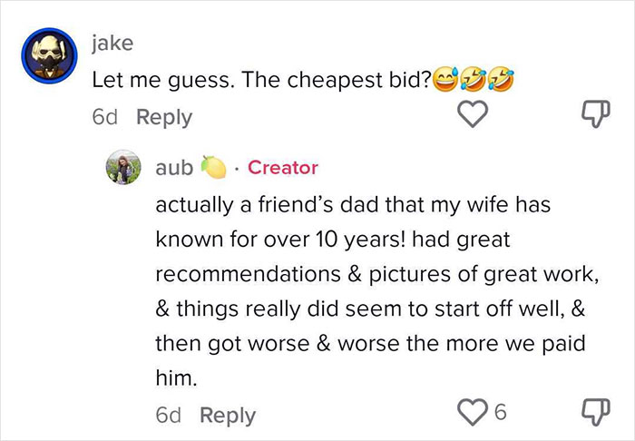 Screenshot of a conversation where a woman explains how an expensive contractor failed expectations.