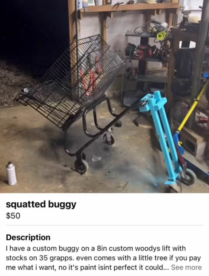 Custom squatted buggy made from a shopping cart in a workshop