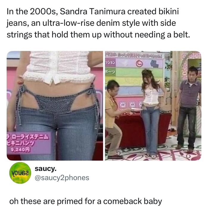 Woman wearing 2000s bikini jeans with side strings holding them up
