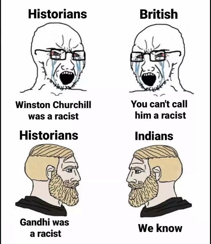 Funny history memes show crying historians debating Churchill and stoic Indians acknowledging Gandhi's racism.