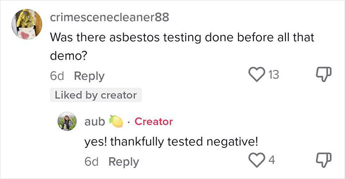 A social media post with comments discussing asbestos testing before demolition, a common concern after an expensive contractor's work.