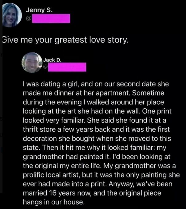 A positive post features Jenny S. asking for love stories, and Jack D. sharing a heartwarming tale about finding his grandmother's art.