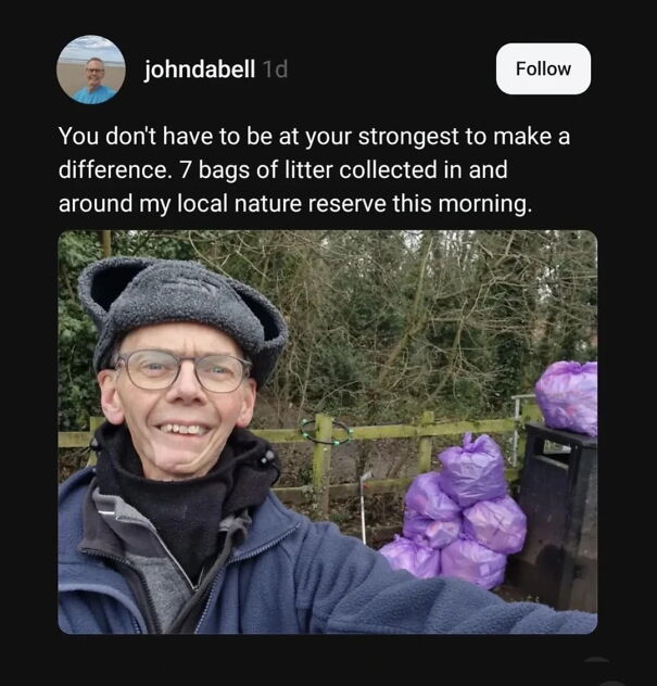 A smiling man in a mouse-ear hat after collecting 7 bags of litter. A positive post for making your day.