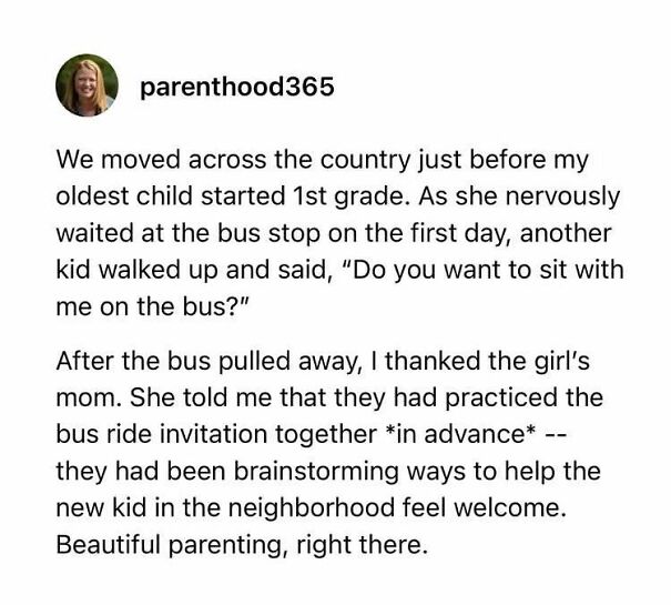 A screenshot of a positive post from @parenthood365 about a child inviting a new kid to sit with them on the bus, showing beautiful parenting that might make your day.