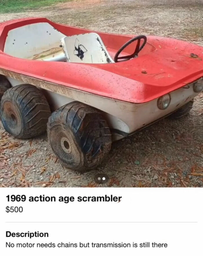 1969 Action Age Scrambler toy vehicle with large wheels listed on FB Marketplace