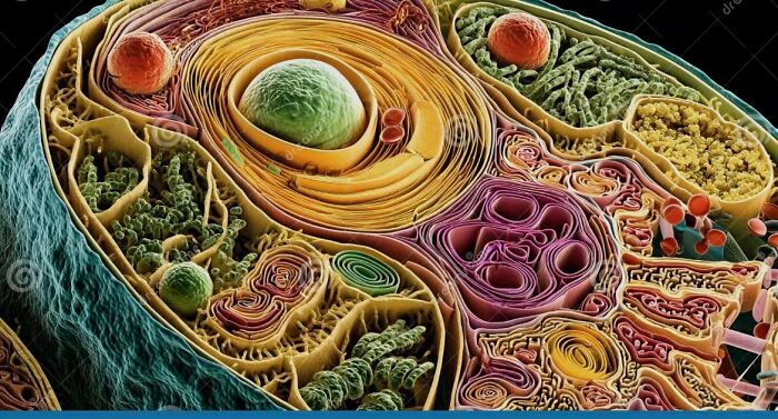 A vibrant, magnified view of a cell, revealing colorful organelles and intricate structures. Scientific facts about everything.