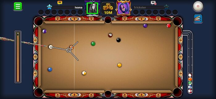 Online pool game interface with players and balls visible
