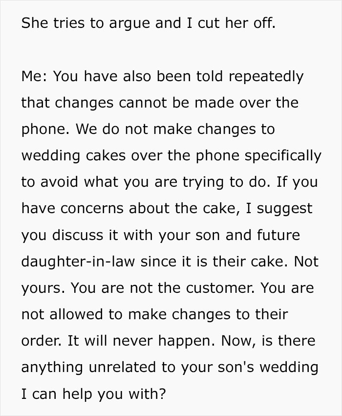 Text message refusing phone changes to son's wedding cake order Text message refusing phone changes to son's wedding cake order