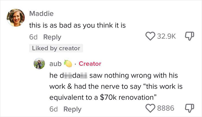 Screenshot of comments about a bad contractor. A woman shares her costly, unsatisfactory home renovation experience.