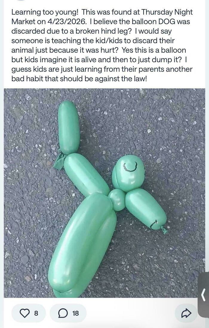 A screenshot of a hilarious online community post about a discarded balloon dog found at a market and kids' bad habits.