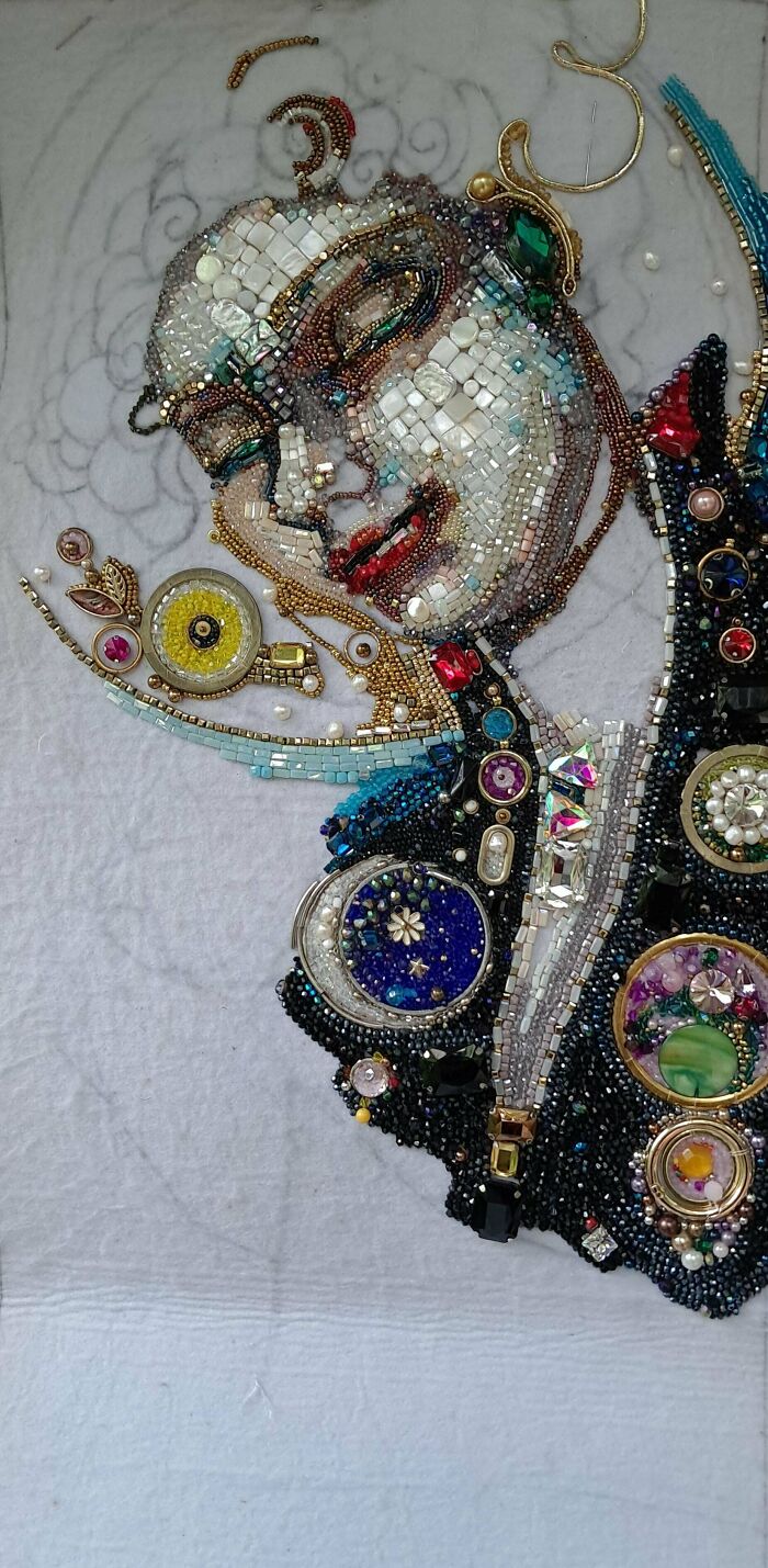 Detailed embroidery projects featuring a stunning mosaic portrait created with colorful beads