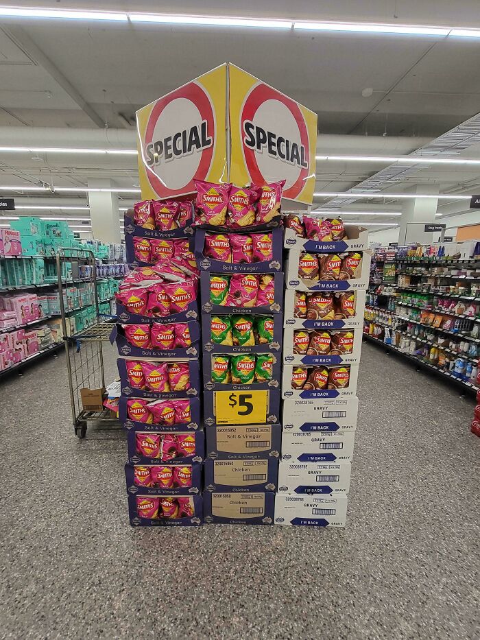 An Aussie supermarket display with potato chips on special, showing interesting posts from Australia.