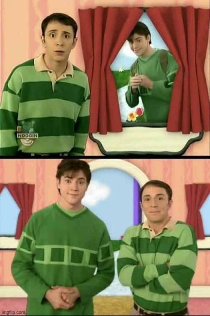 A split image of two men in green striped shirts, creating a meme that only true '90s kids will understand.