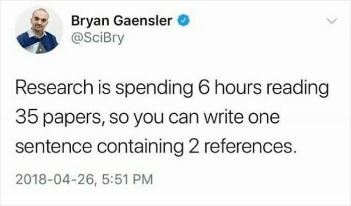 A popular medical meme tweet by Bryan Gaensler about research. Perfect for doctors, nurses, and students relating to symptoms.