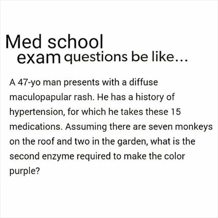 A medical meme: a ridiculous med school exam question that will make doctors and nurses laugh, for those who Googled symptoms.
