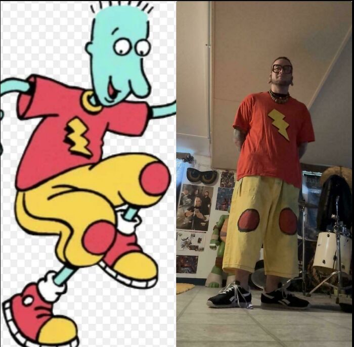 A side-by-side comparison of the cartoon character Doug Funnie and a person dressed as him, a throwback meme for 90s kids.