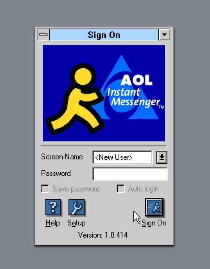 An AOL Instant Messenger sign-on screen, a throwback meme for 90s kids, displaying a vintage internet interface.