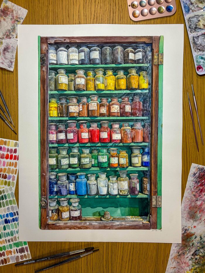 A highly detailed watercolor painting of a vintage wooden cabinet filled with colorful bottles, showcasing artistic talent.