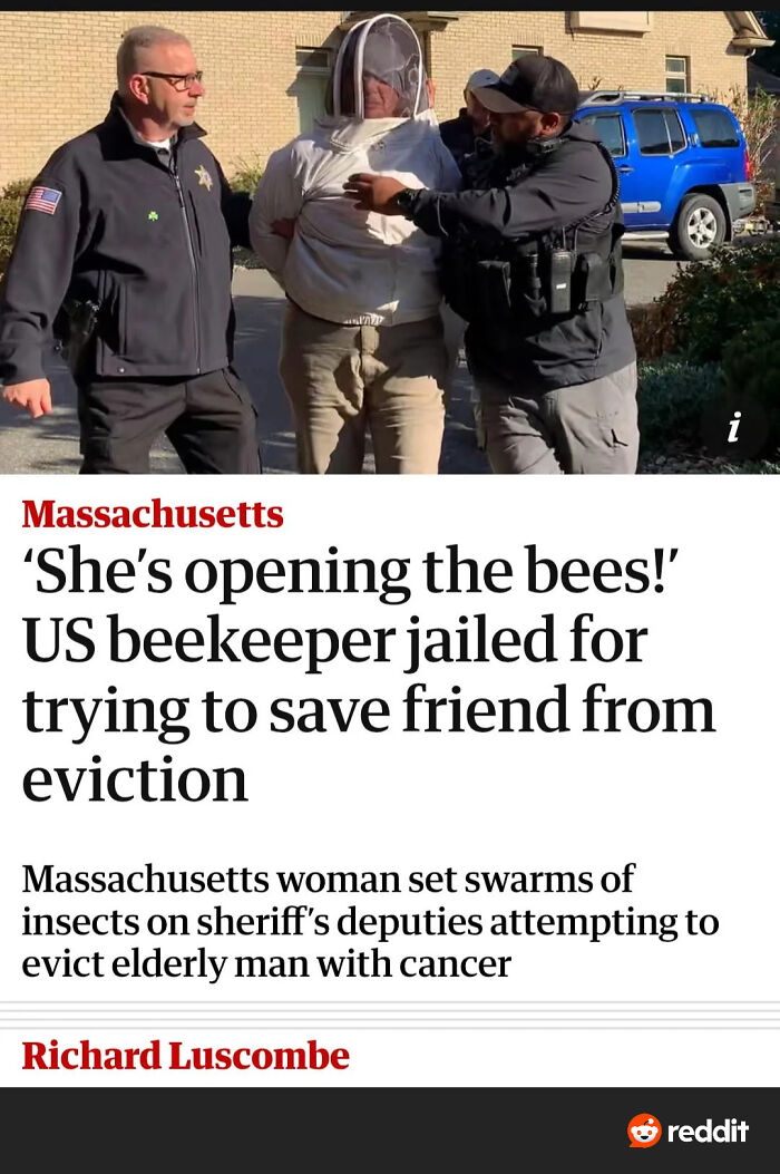 A beekeeper in a white suit being arrested by police officers, showing a chaotic good moment of defiance.