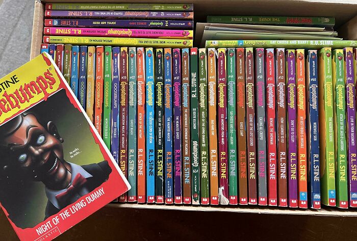A collection of Goosebumps books, a throwback meme for 90s kids, showcasing vintage horror stories by R.L. Stine.