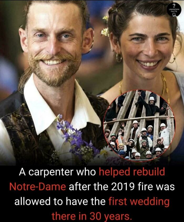 Uplifting posts: A smiling couple with an inset photo of construction workers, highlighting an uplifting post about a wedding.