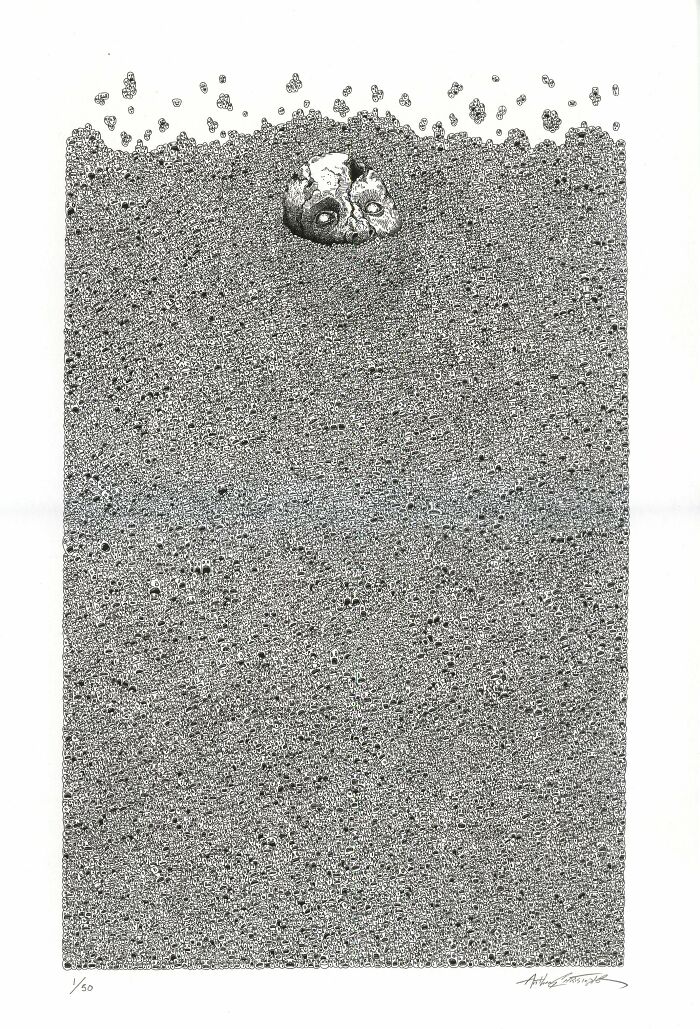 A unique handmade project, an abstract drawing with a skull-like element emerging from a textured background.