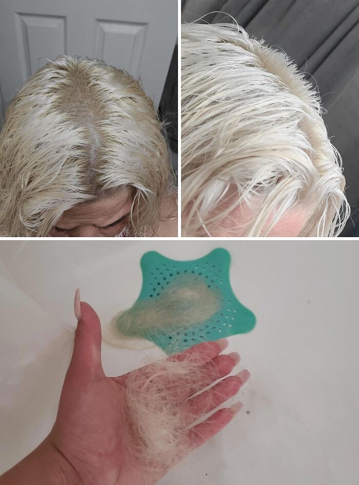 A person's blonde hair with visible damage, next to a hand holding a clump of hair and a drain full of hair. Beauty disasters.