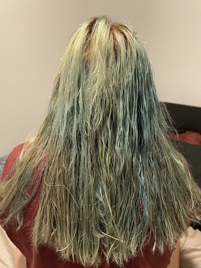 A person's hair is a muddy greenish-blue and yellow, a likely beauty disaster from a salon.