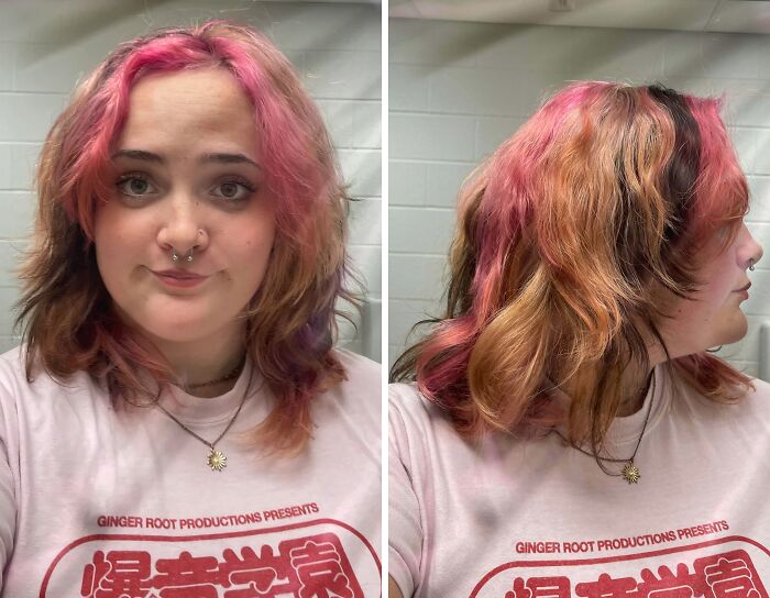 Young woman with a salon beauty disaster: vibrant pink, orange, and brown hair. Front and side views of the new hairstyle.