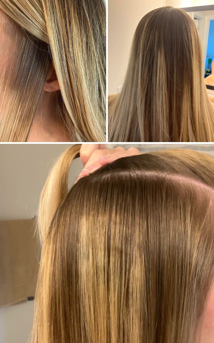 A collage of a beauty disaster: hair with uneven highlights, showing light blonde strands against darker brown roots and patches.
