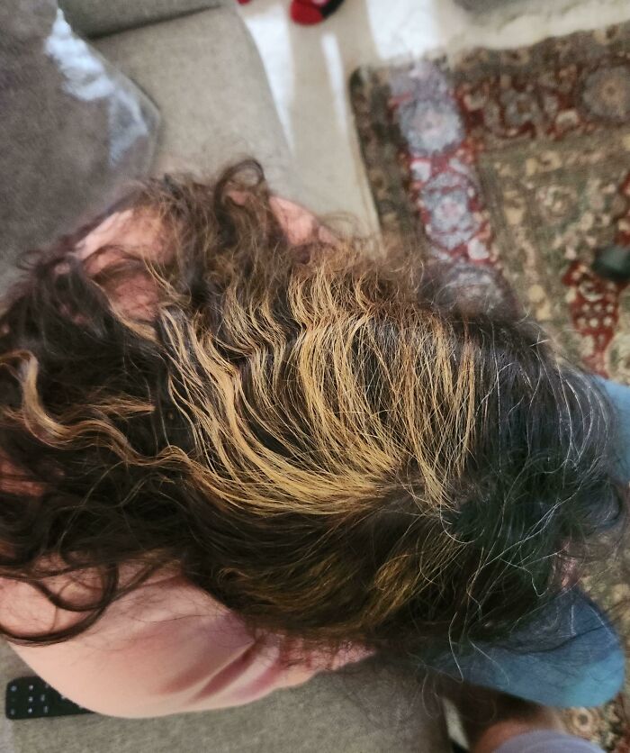 A person's head with frizzy dark brown hair and poorly executed blonde highlights, a clear example of a beauty disaster.