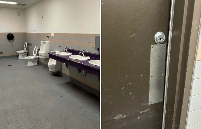 Public bathroom with poorly arranged sinks and toilets in a questionable bathroom design
