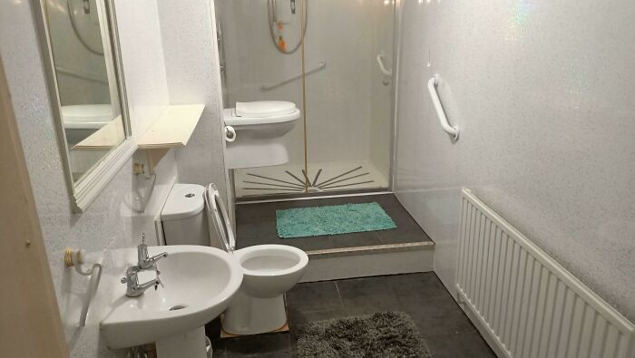 Bathroom with toilet and shower on raised platform and multiple rugs