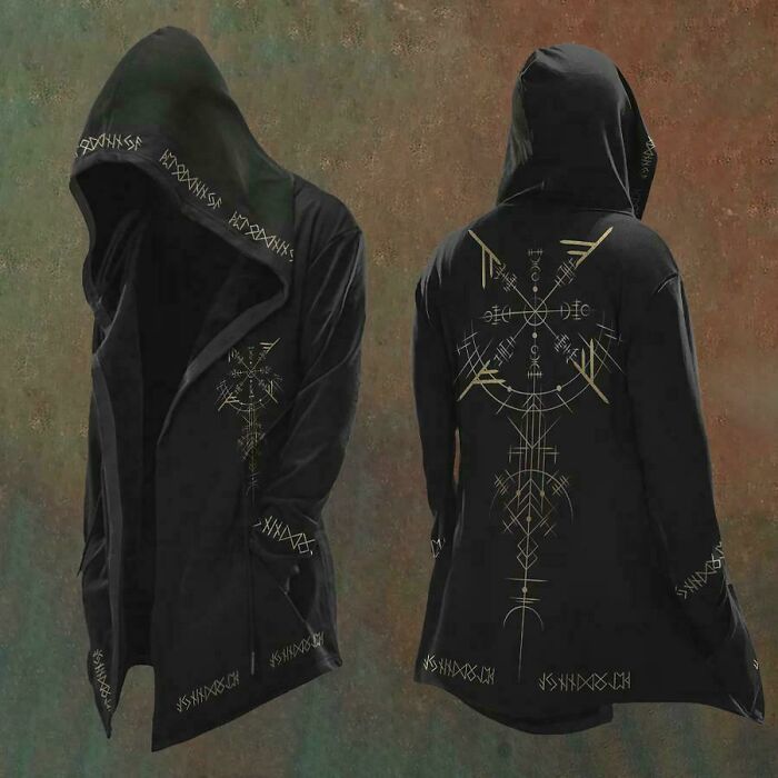Black hooded cardigan with gold runic and geometric designs, front and back views. What does this mean?