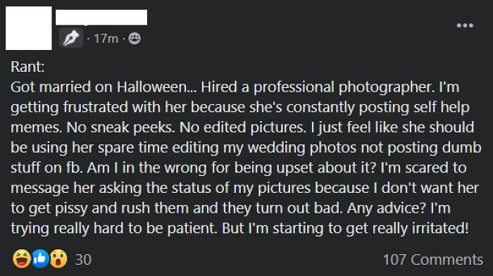 A bride's frustrated rant online about a wedding photographer, highlighting the reality of being shamed online.