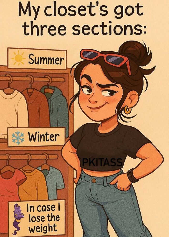 A funny meme illustrating a closet with summer, winter, and future-weight-loss sections, designed to bring out the laughter.