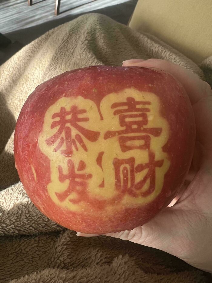 A red apple with Chinese characters carved into its skin, held by a hand over a fuzzy blanket. Interesting post.