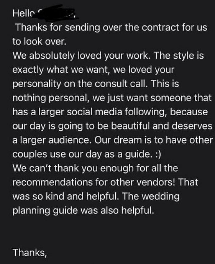 An email with text on a dark background, stating rejection due to social media following, highlighting brides online shaming.