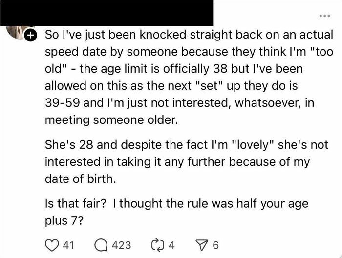 Dramatic social media post about rejection over age during a speed date