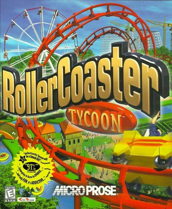 The RollerCoaster Tycoon video game cover, a classic throwback that 90s kids will remember and understand.