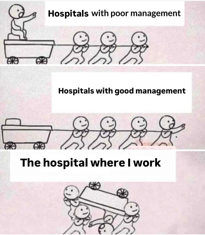 A medical meme showing stick figures illustrating bad vs. good hospital management, and a chaotic "my hospital" scene.