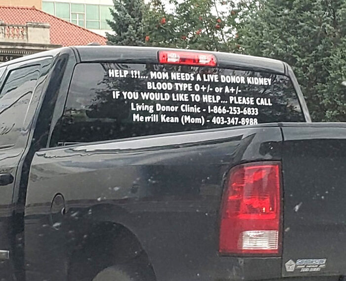 A wholesome pic of a truck with a rear window sticker asking for a live kidney donor for a mom, including contact info.
