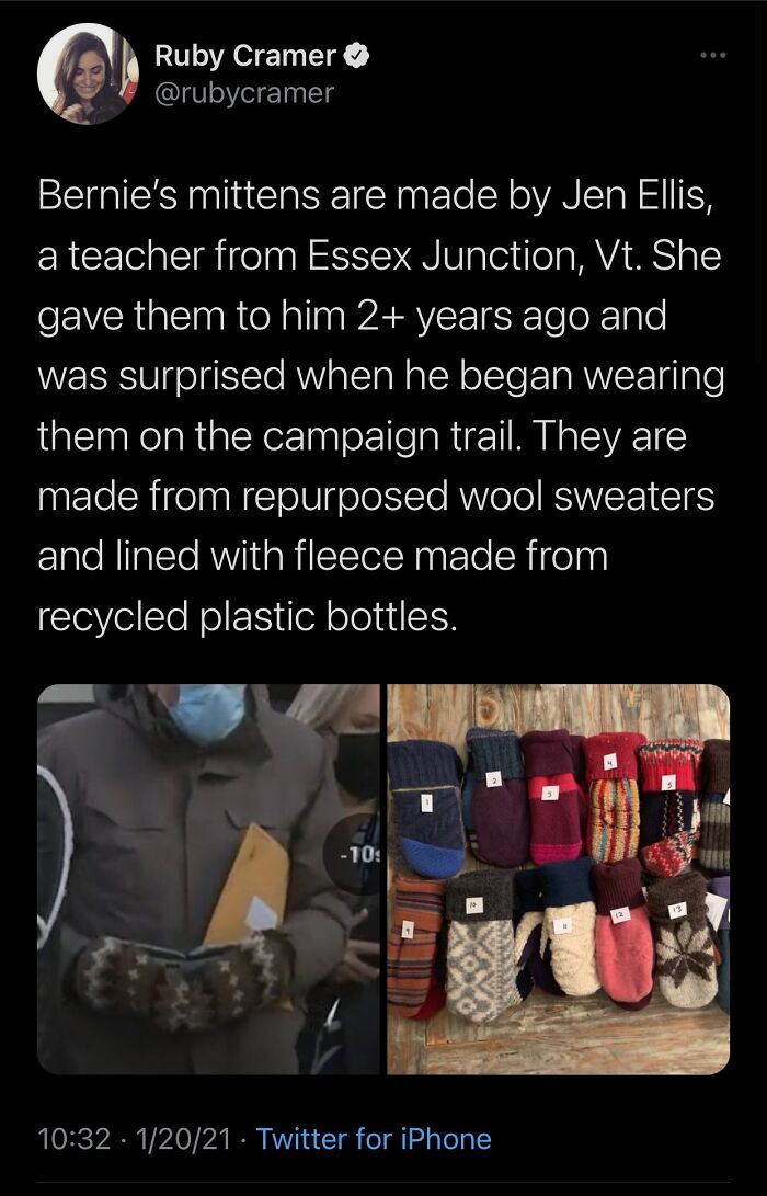 Ruby Cramer's tweet features a wholesome pic of Bernie's mittens, crafted from repurposed wool. Many colorful mittens are shown.