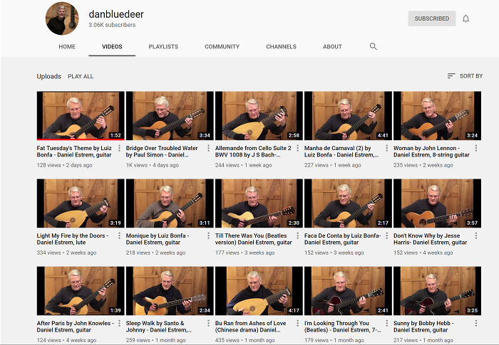 YouTube channel displaying wholesome pics of a man playing guitar and lute for various musical pieces.