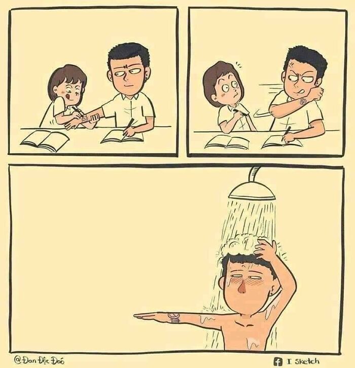 A comic showing a boy getting a drawing on his arm from a girl, then scrubbing it off in the shower. A wholesome pic.