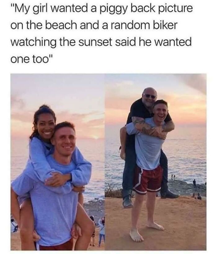 Two wholesome pics showing a man giving a piggyback ride to his girlfriend and then to a random biker at sunset.
