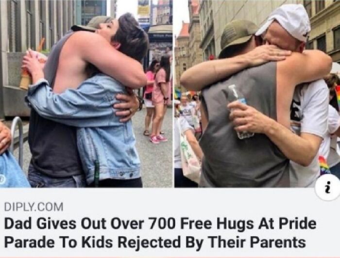 Two wholesome pics show a dad hugging people at a Pride parade, offering comfort to those rejected by their parents.