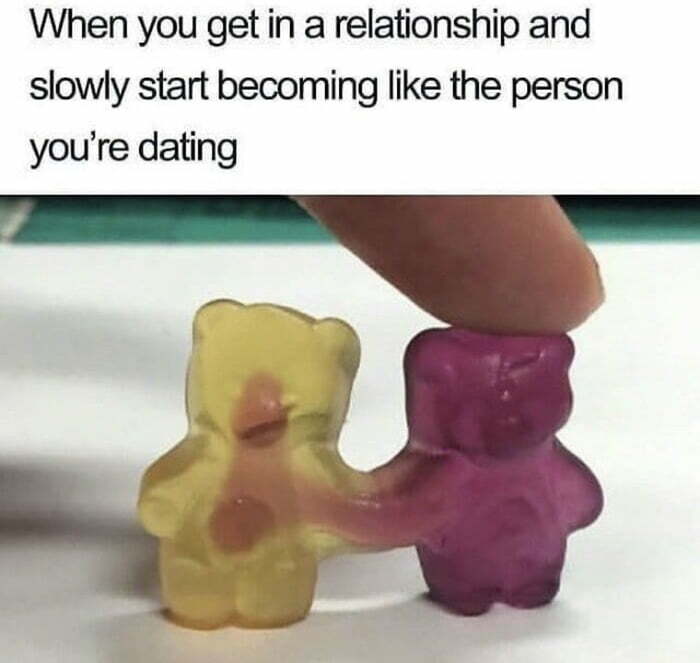Wholesome pics: Two gummy bears, one yellow and one purple, melting into each other, illustrating relationship changes.
